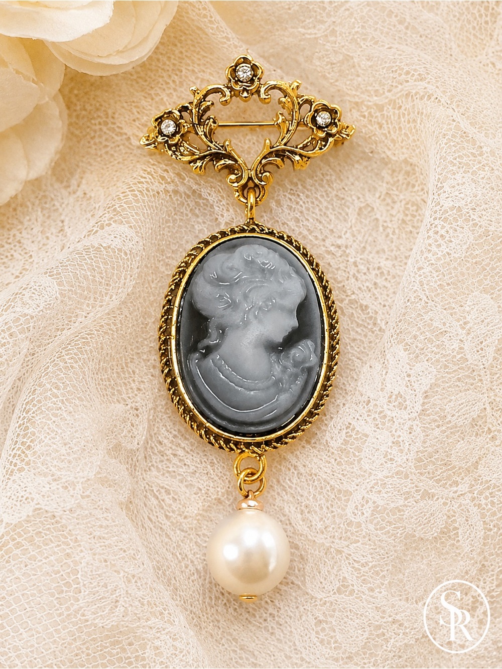 Cameo Brooch Right Facing Lady Pearl Drop Gold Tone Victorian Style NWT